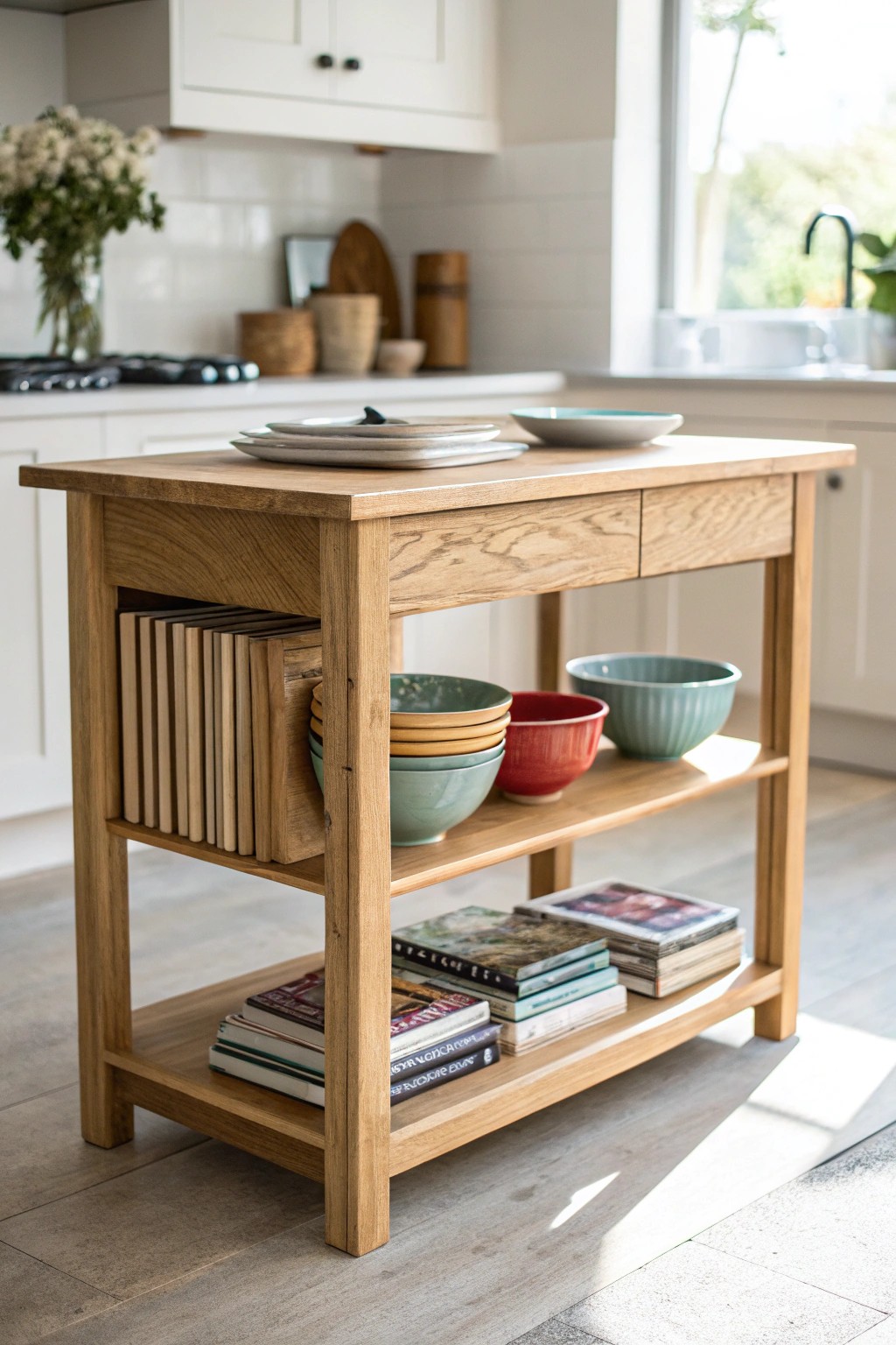 Open shelving brings effortless charm and airy style to your kitchen island.