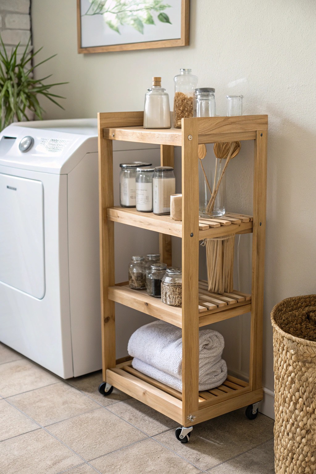 Effortless organization: a slim rolling cart brings beauty and function to your laundry space.