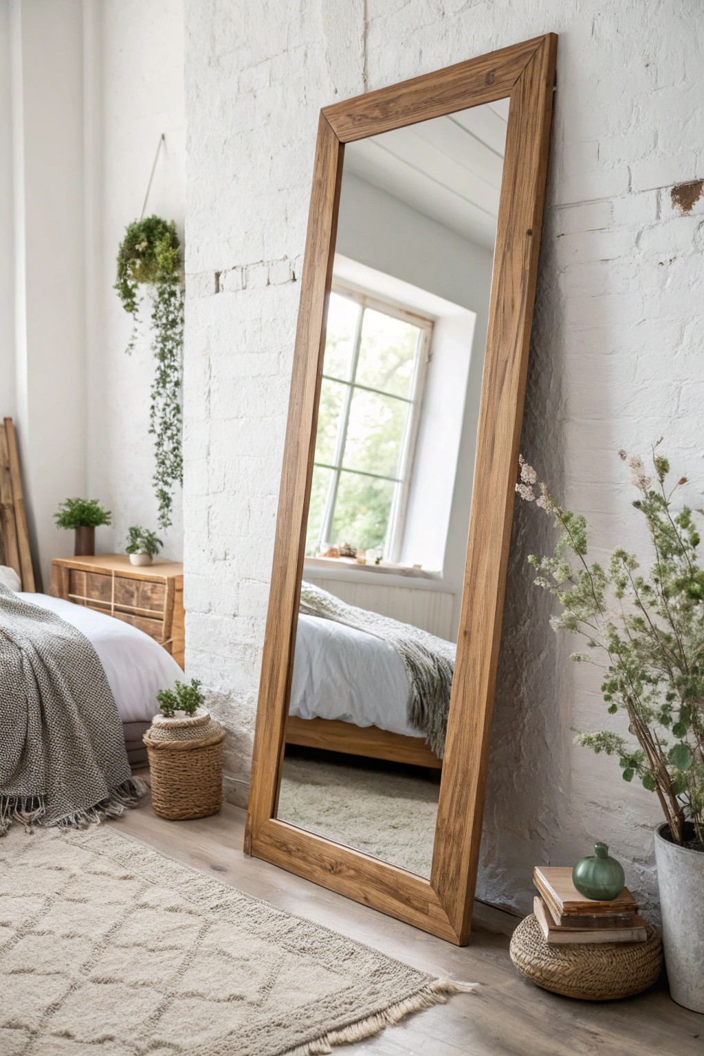 Let an oversized mirror open up your small bedroom with effortless style.