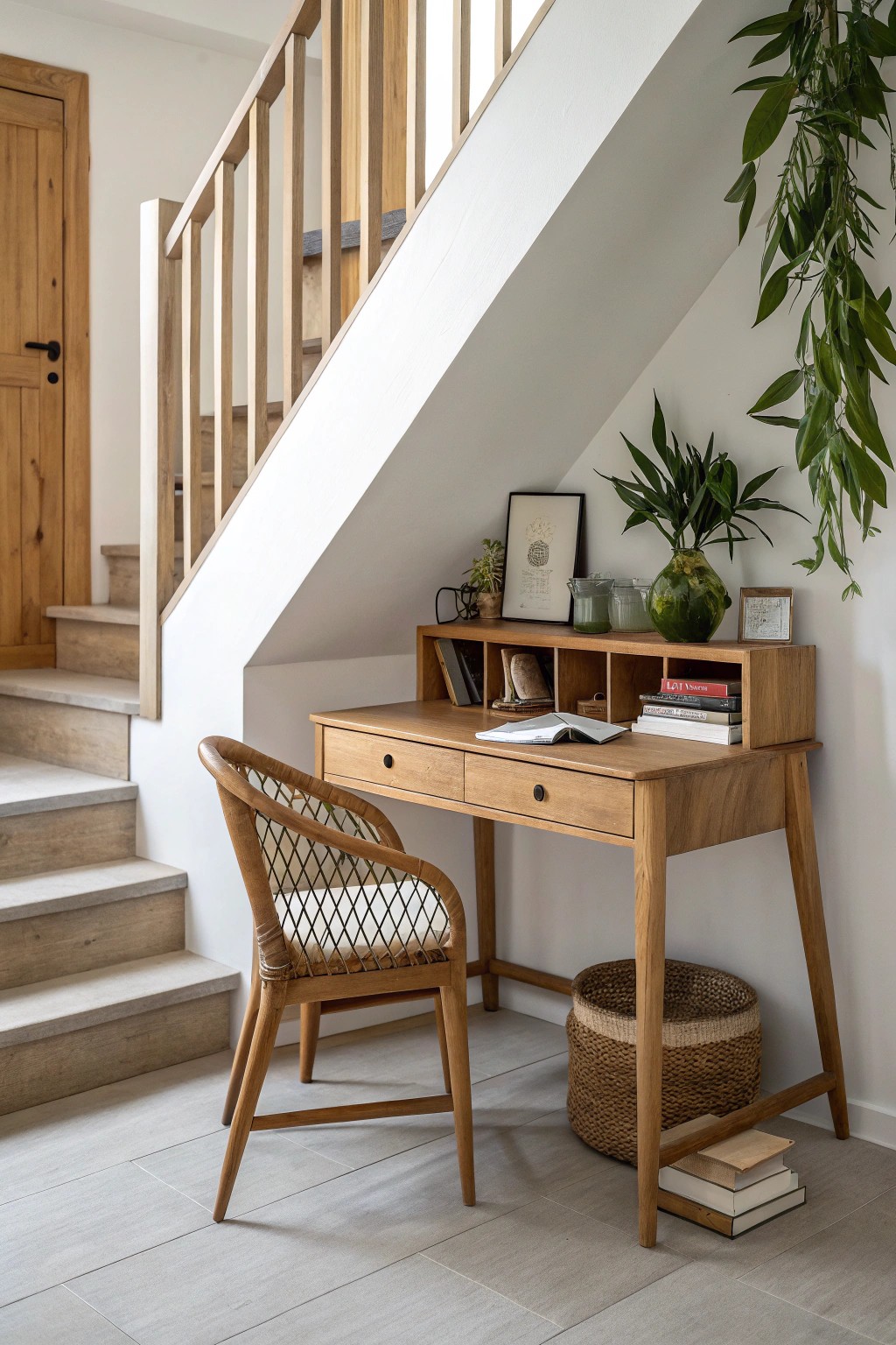 Transform your under-stair nook into a serene, handcrafted office retreat.