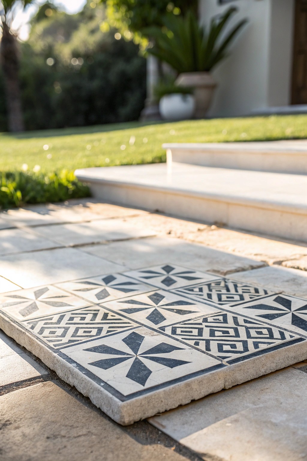 Make your patio pop with a single statement tile—where bold pattern meets natural beauty.