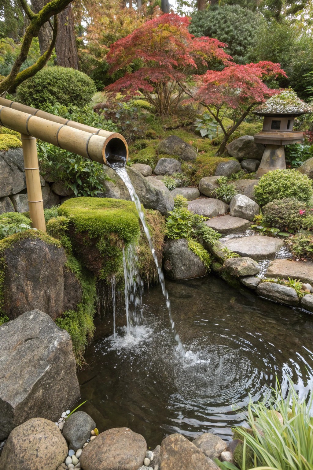 A Japanese-inspired pond with a bamboo spout gently feeding a small waterfall.