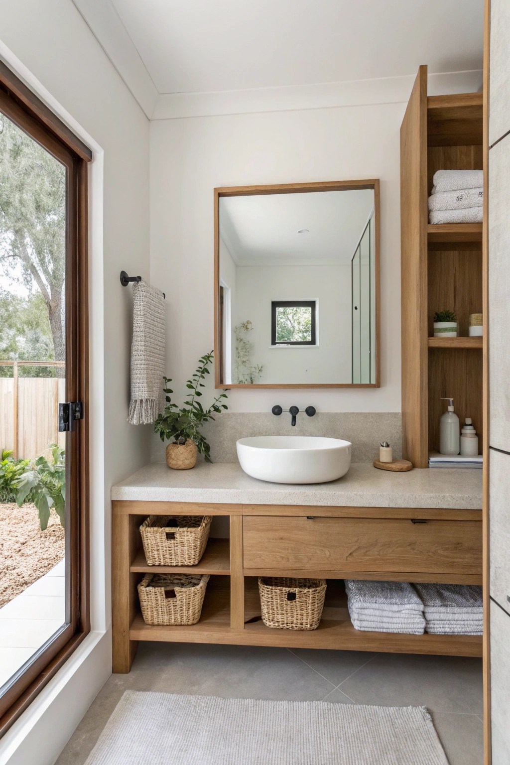 Expand your small bathroom’s beauty with an oversized mirror and natural touches.