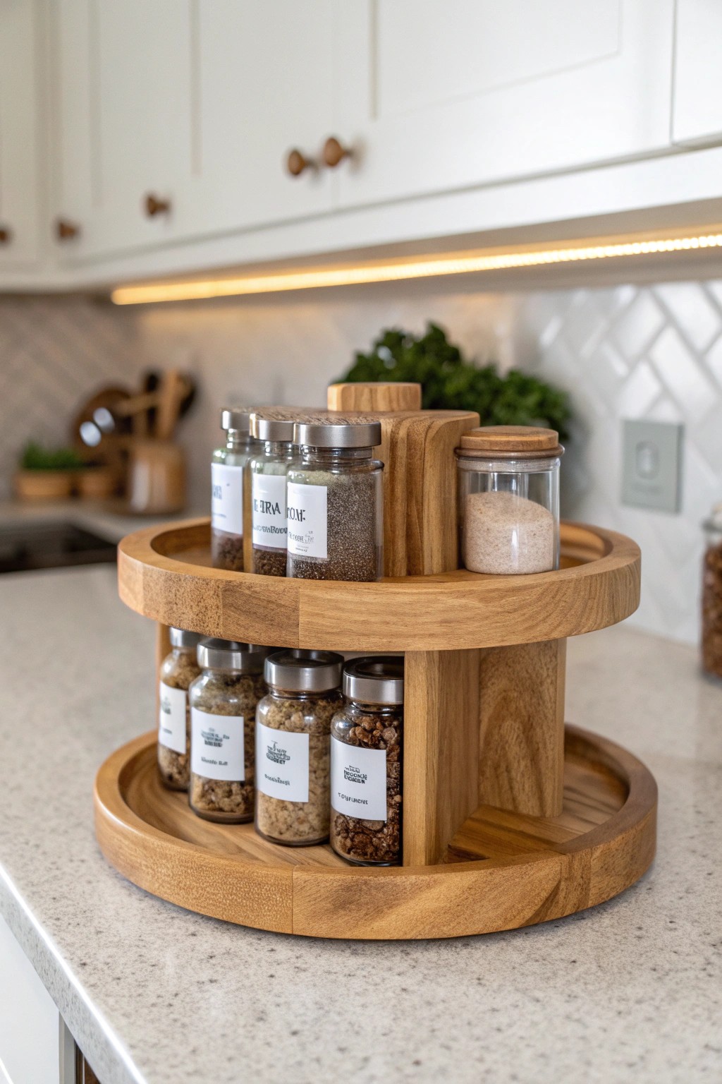 Effortless organization: a handcrafted wooden lazy Susan brings natural beauty and simplicity to your spice corner.