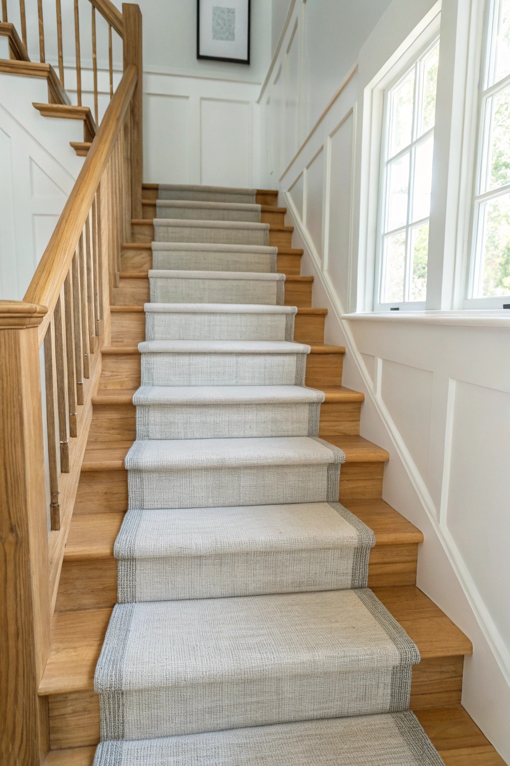 Serene minimalism: elevate your stairs with a soft, neutral runner.