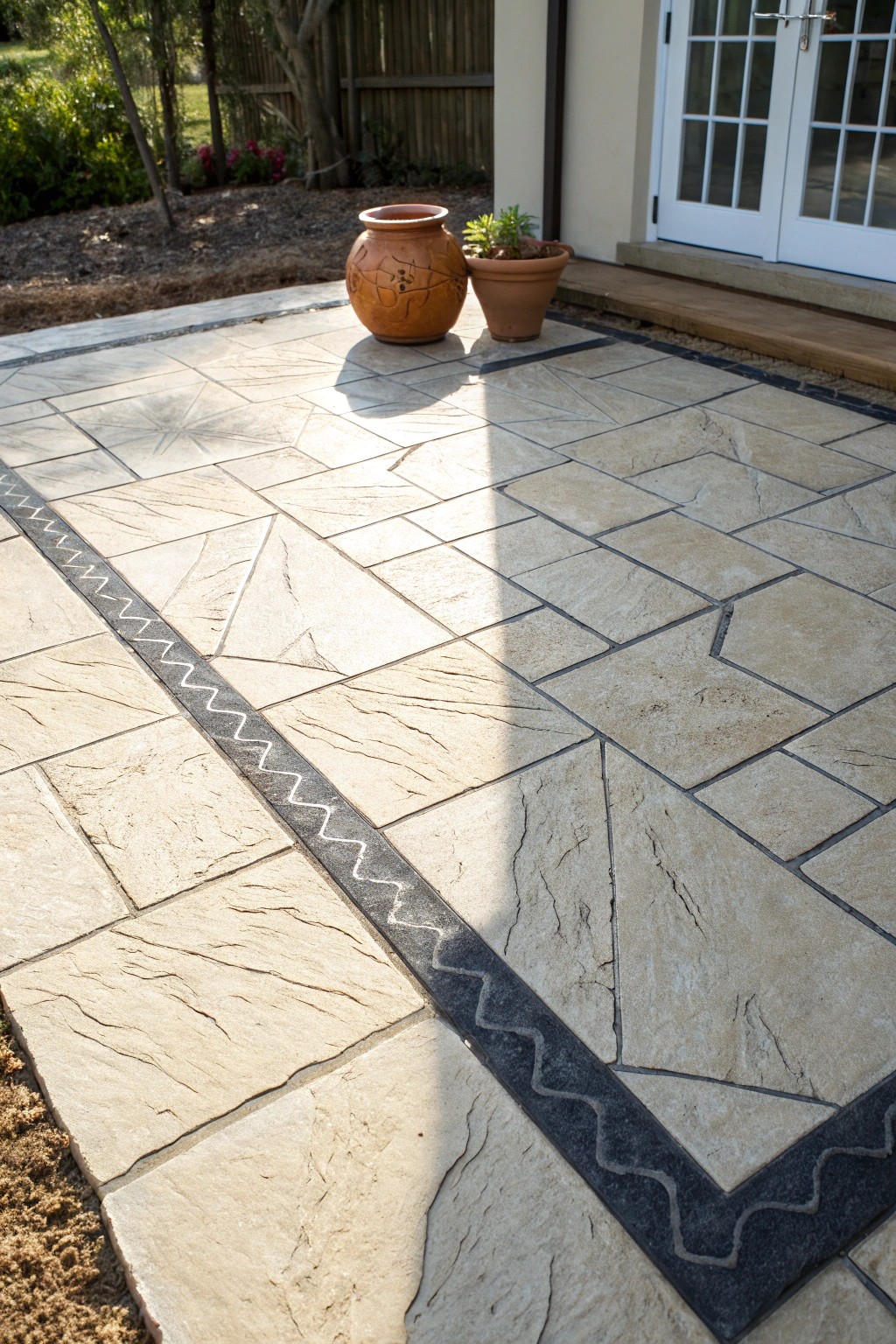 Bold color contrasts elevate stamped concrete patios with effortless style.