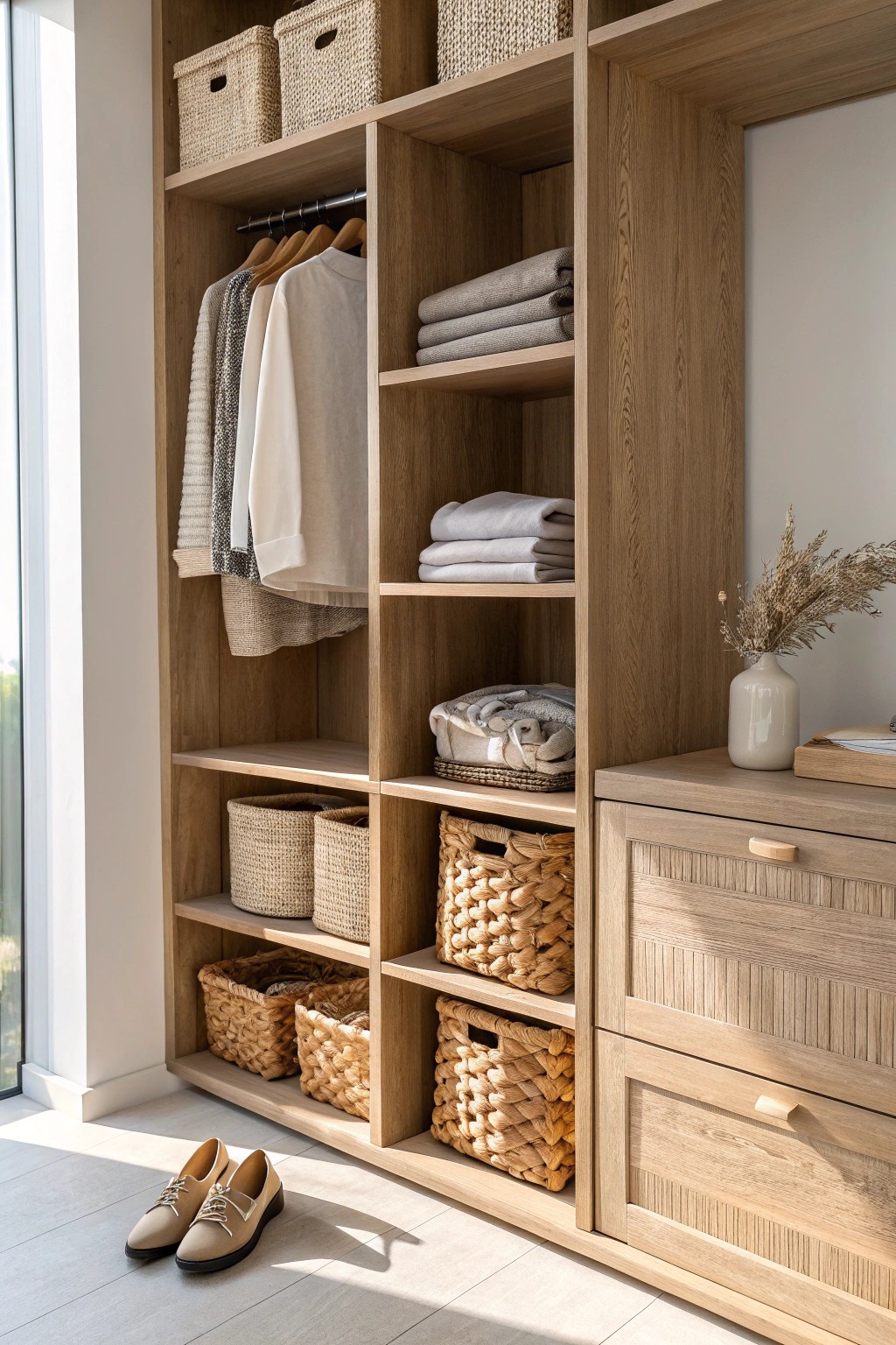 Elevate your small space with a timeless wooden closet organizer.