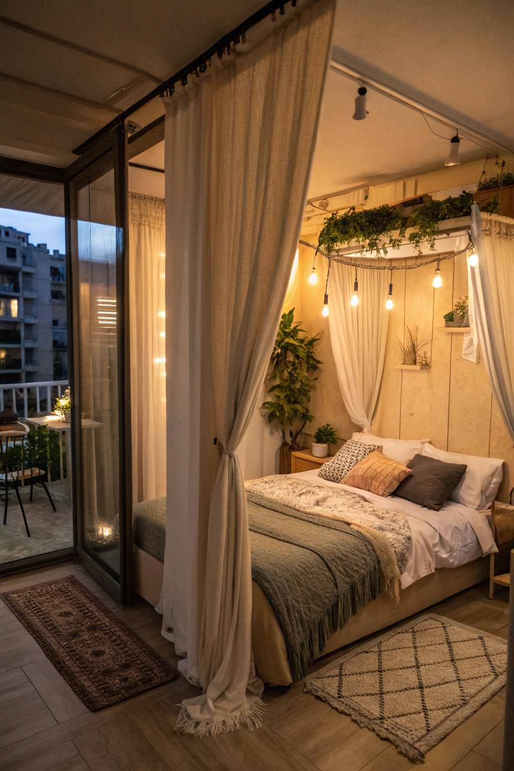 A cozy bed nook adds intimacy and structure to a studio apartment.