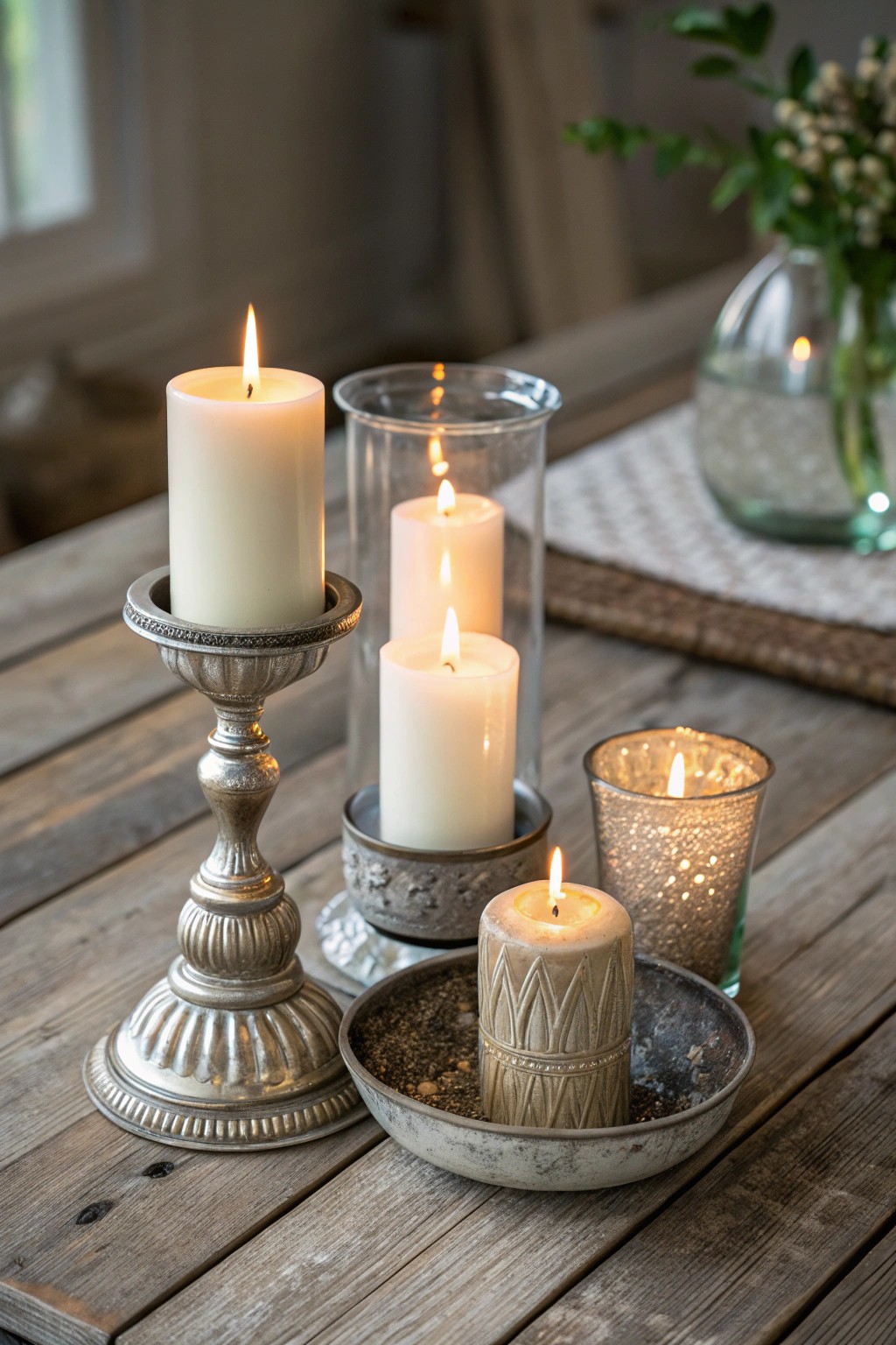 A glowing cluster of mixed candle holders—simple, natural, and effortlessly inviting.