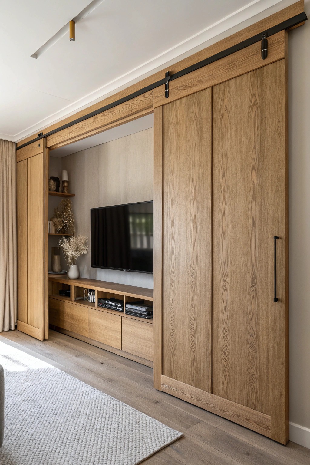 Effortless style: Hide your TV with elegant sliding wood panels.