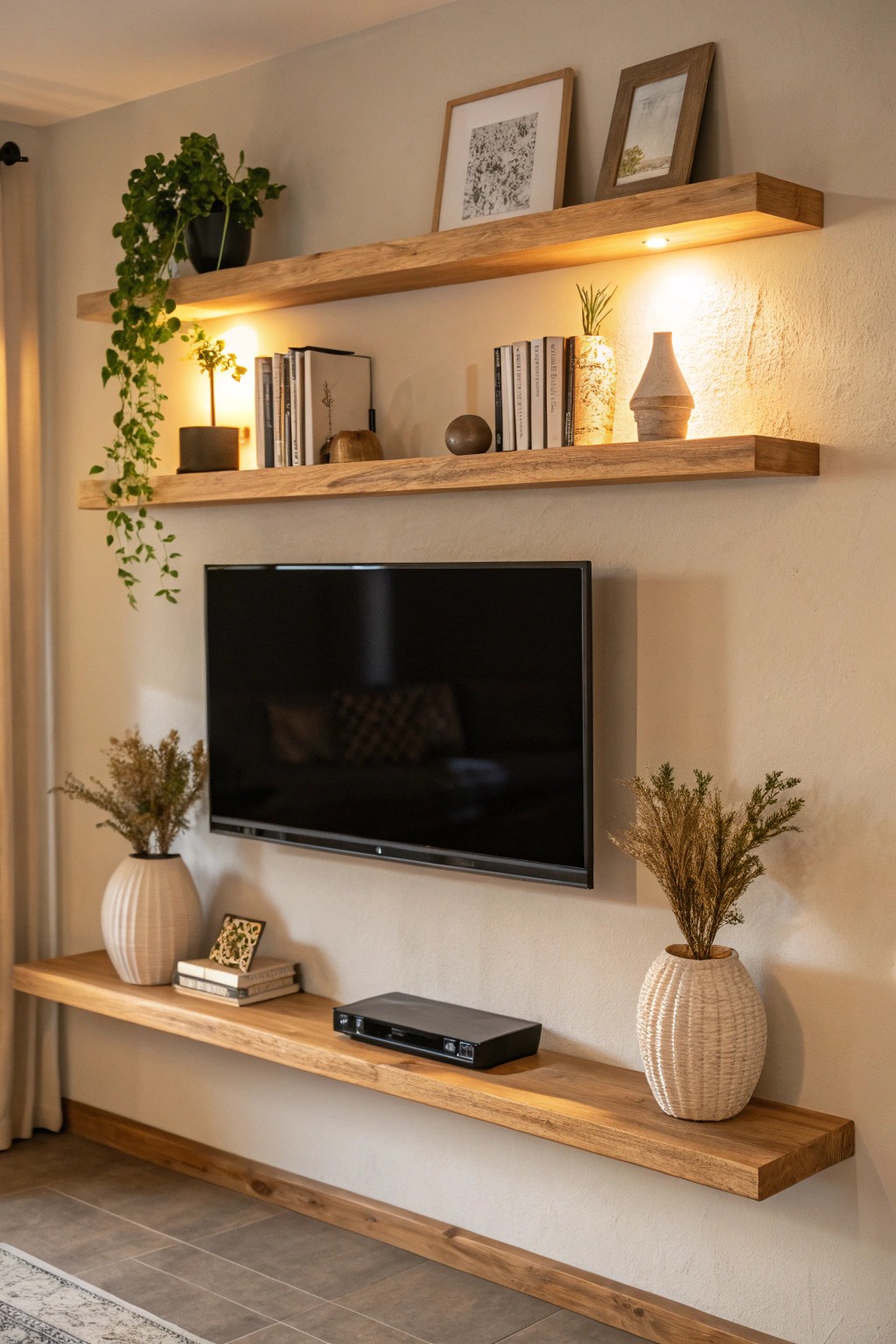 Elevate your space: frame your TV with natural wood floating shelves for a seamless blend of style and function.