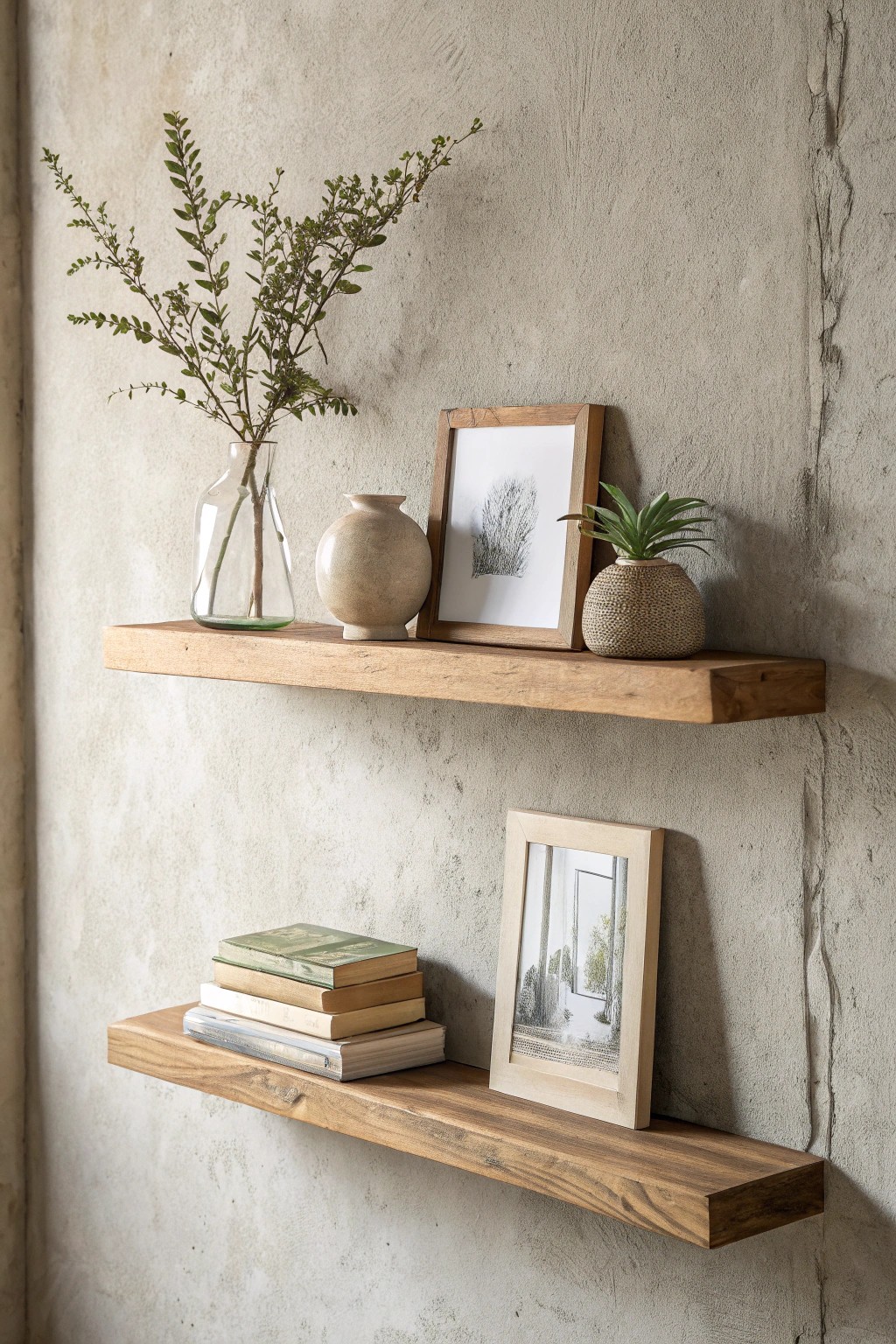 Elevate your walls with layered shelf arrangements—where simplicity meets artistry.