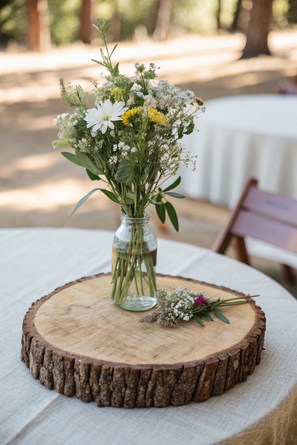 Elevate your table with rustic wood slice charm and wildflower beauty.