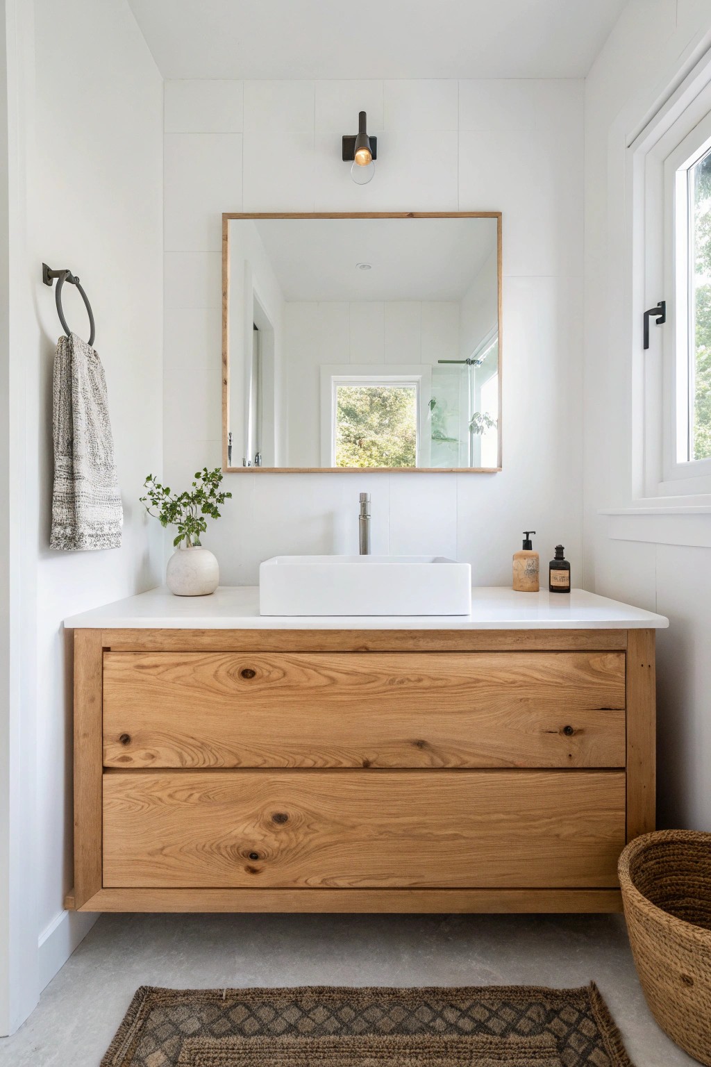 Warm up your white bathroom with a beautiful floating wood vanity.
