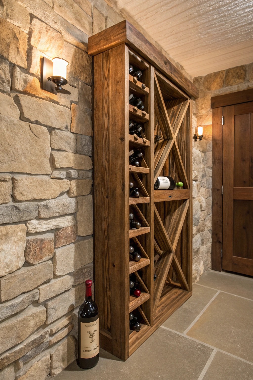 Timeless elegance: rustic wood meets natural stone for the perfect wine cellar vibe.