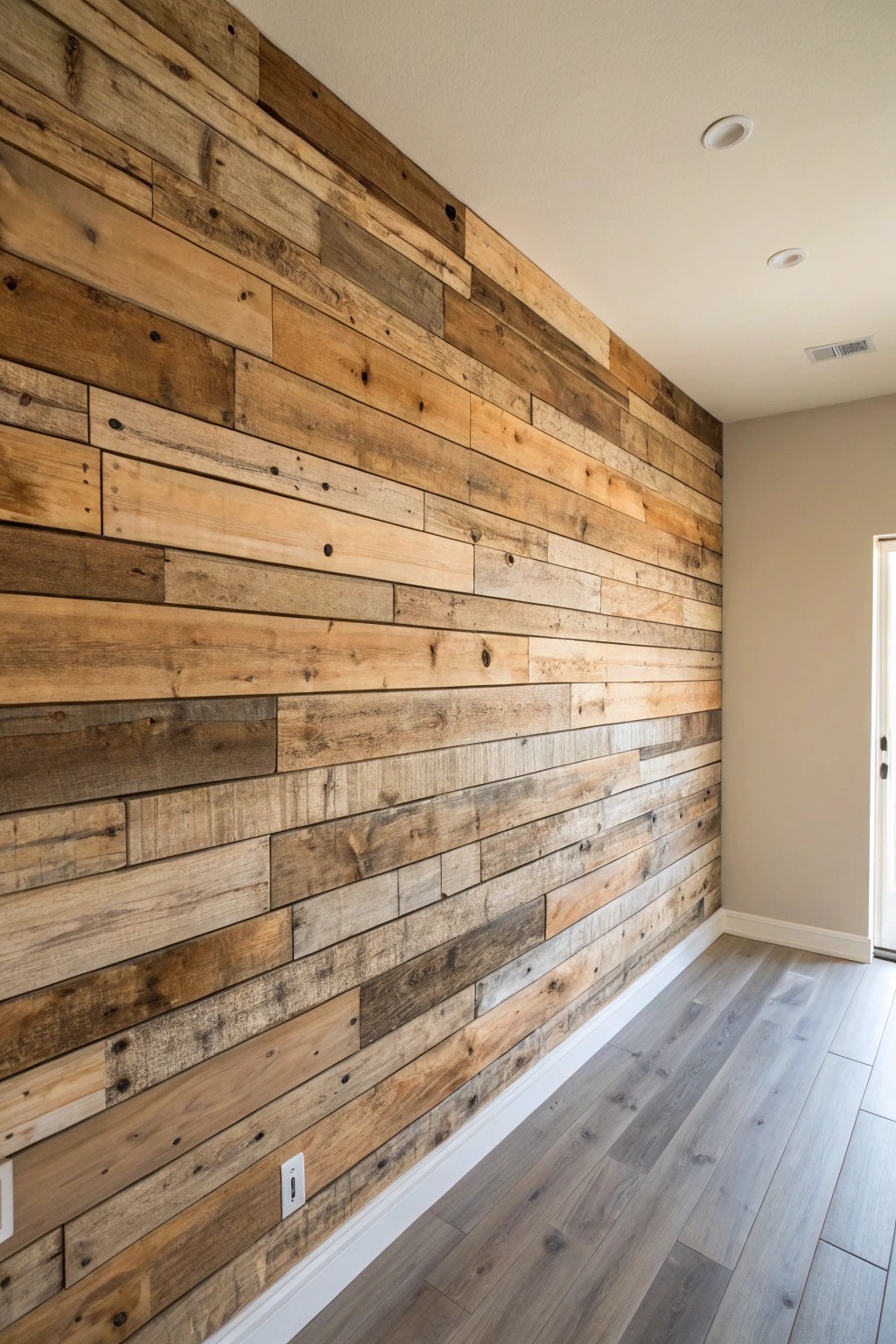 Timeless charm: a rustic accent wall crafted from reclaimed wood planks.