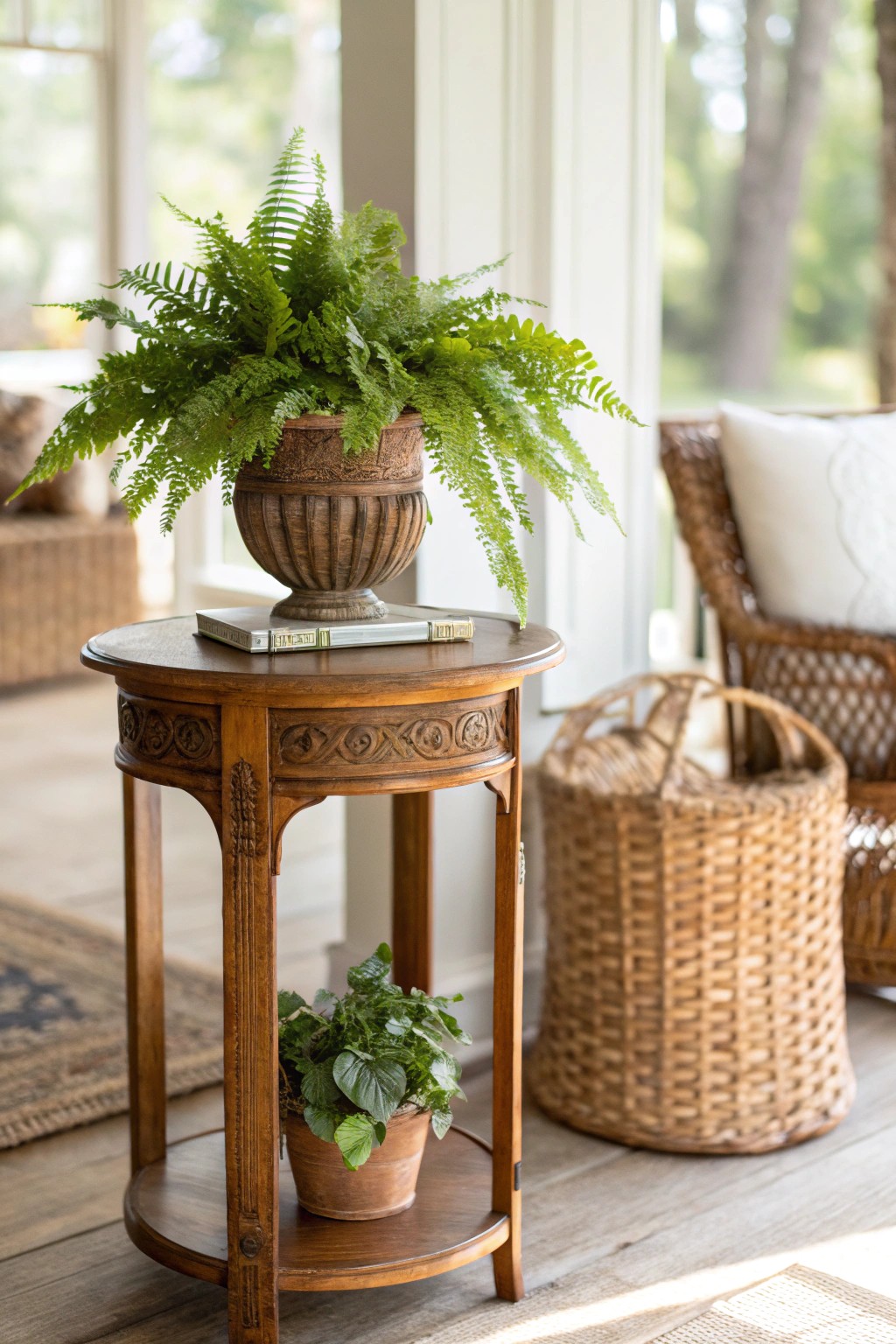 Bring calming nature indoors with wood, greenery, and simple craftsmanship.