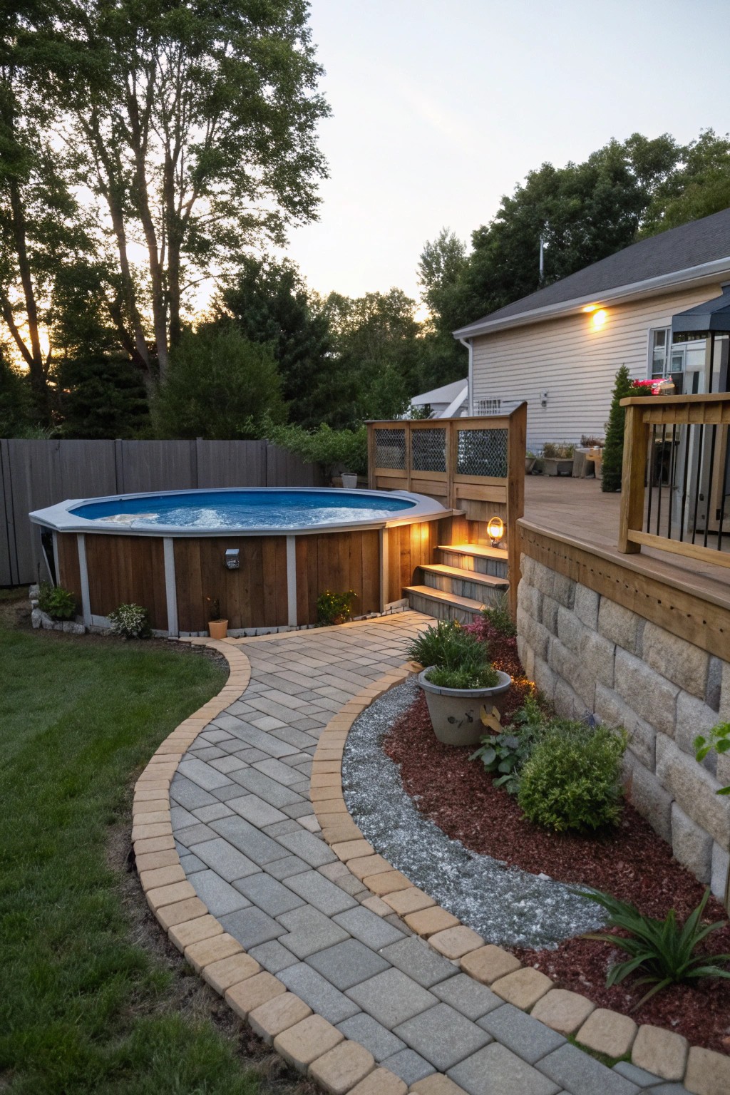 Blending wood, stone, and brick gives your pool deck a designer touch.
