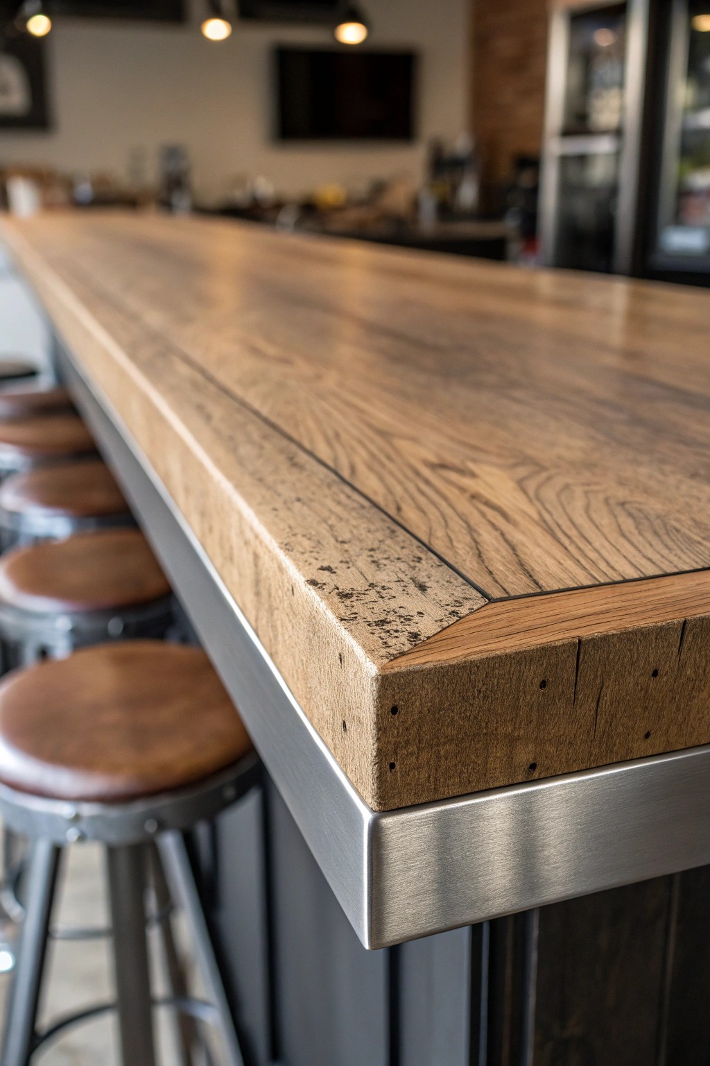 Industrial elegance: reclaimed wood meets steel for a bar top with urban charm.