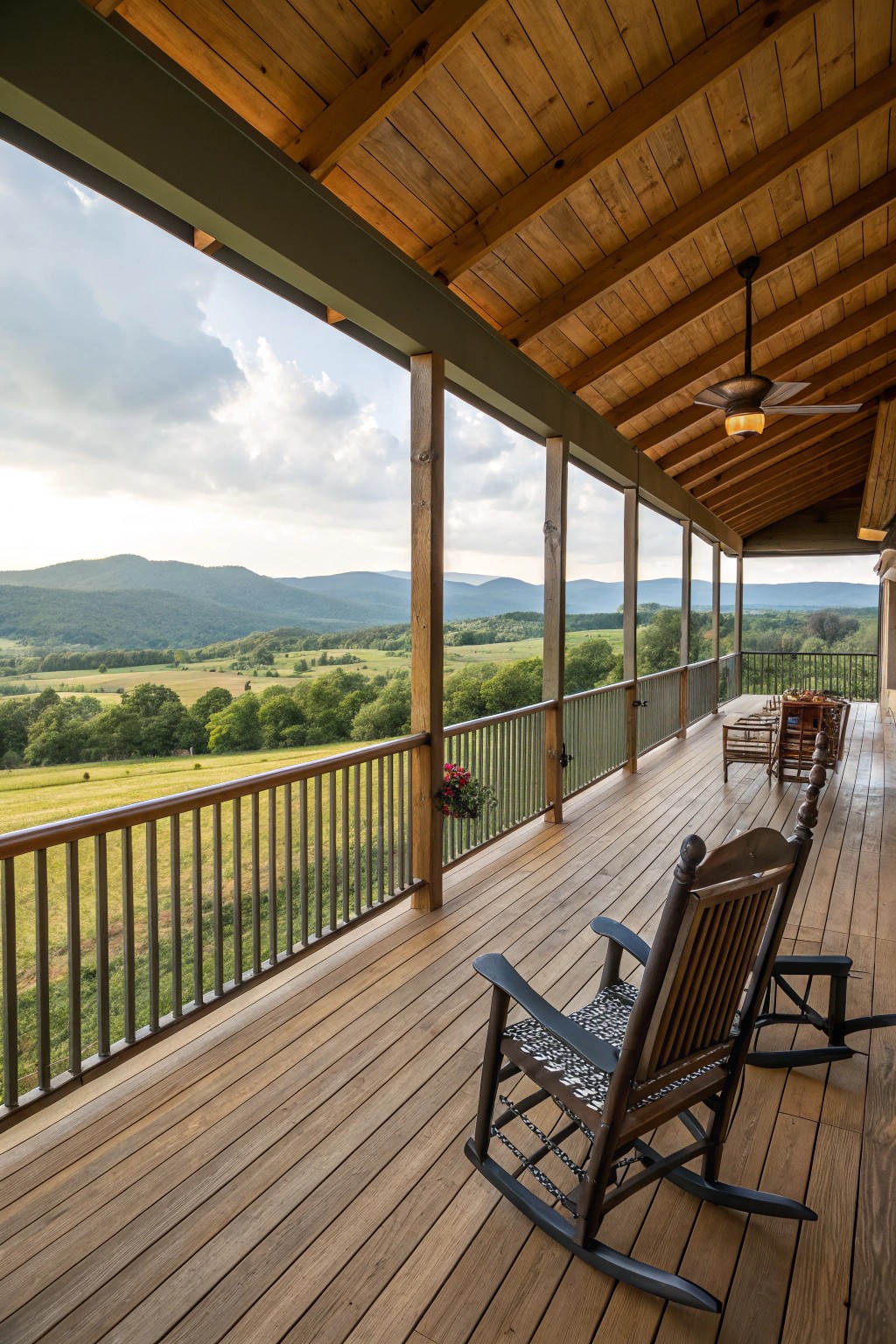 A spacious wrap-around porch, perfect for relaxing and enjoying the landscape year-round.