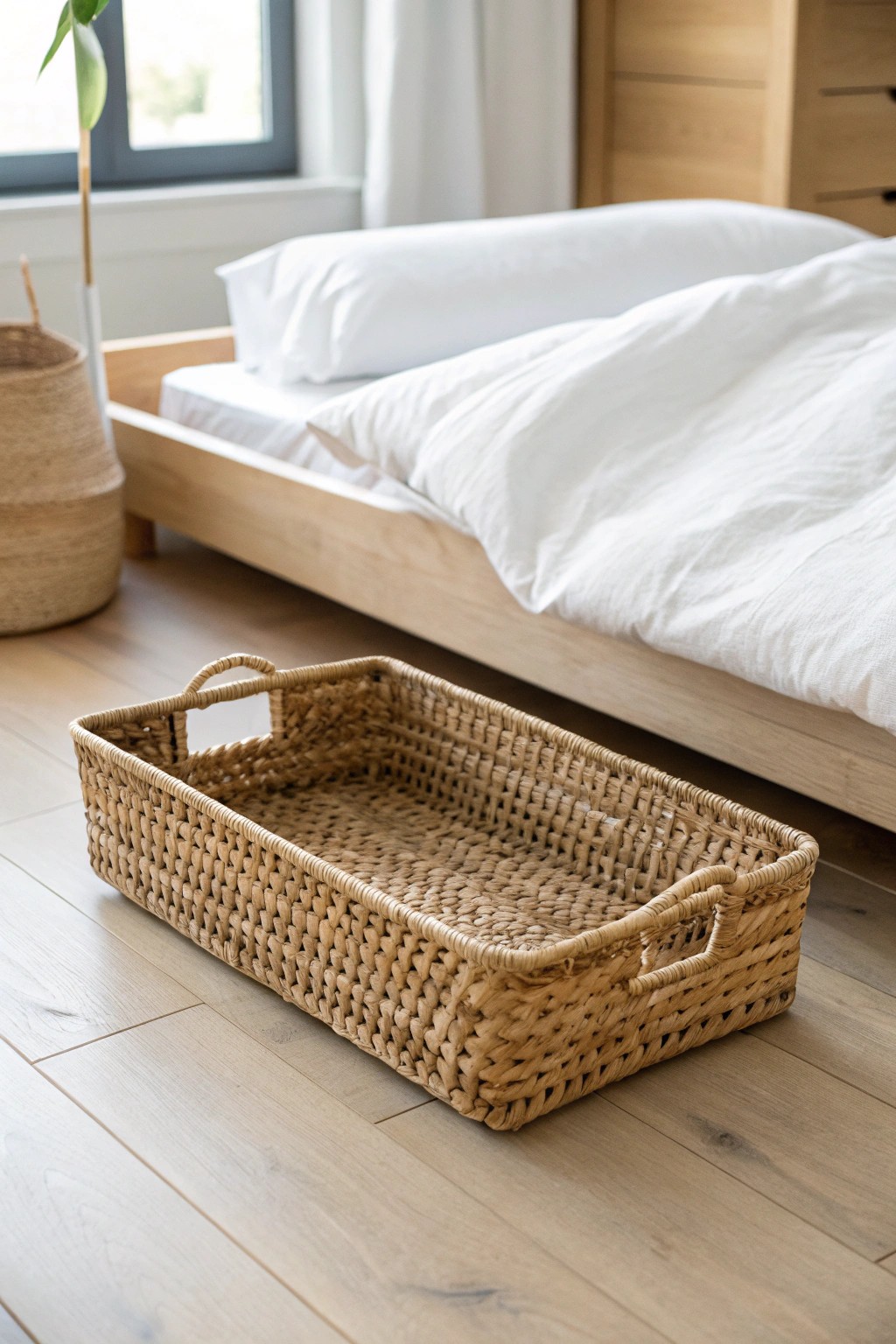Effortless under-bed storage with handcrafted natural beauty.