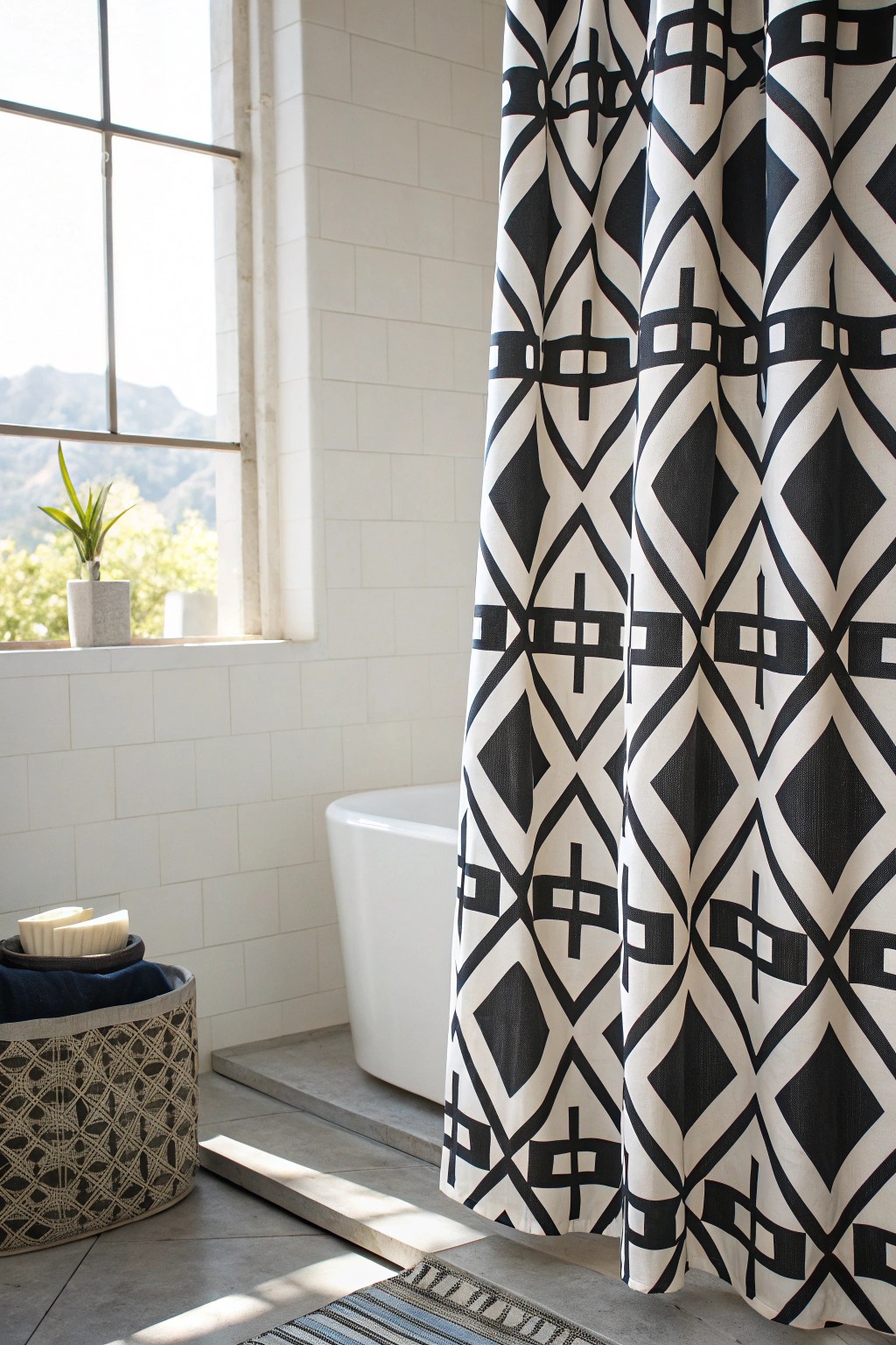 Elevate your bathroom with a bold-patterned curtain—where simplicity meets statement style.