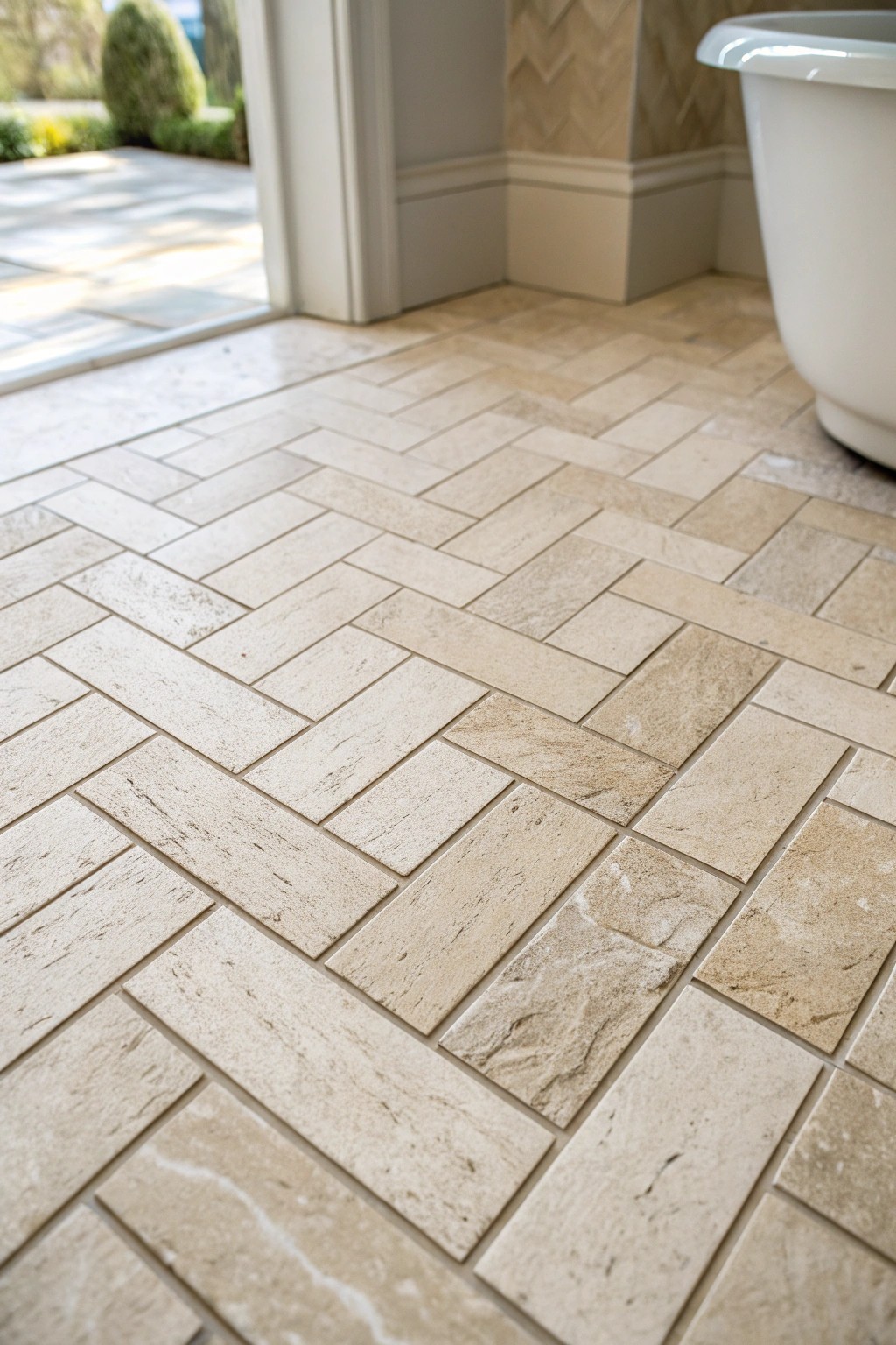 Timeless elegance: herringbone tiles bring subtle movement and refined craftsmanship to bathroom floors.