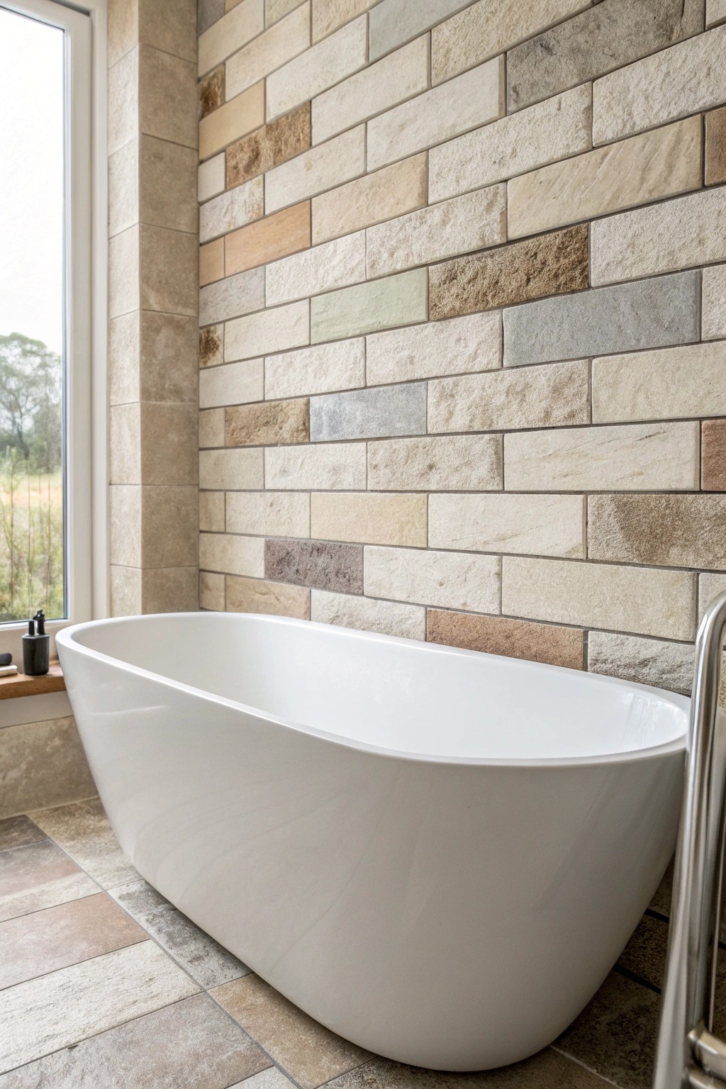 Soothing earthy tiles bring harmony and natural beauty to your bath sanctuary.