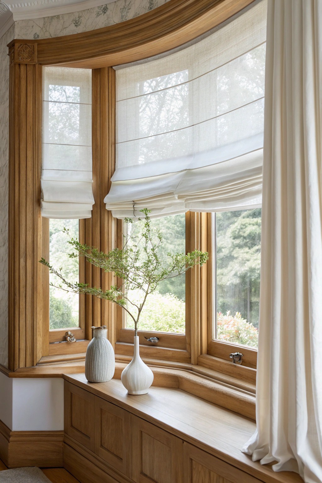 Effortless elegance: Layered Roman shades and sheers on a serene bay window.