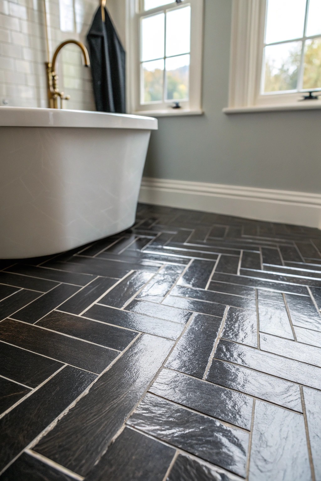 Make a statement with black herringbone floor tiles—where simplicity meets bold style.