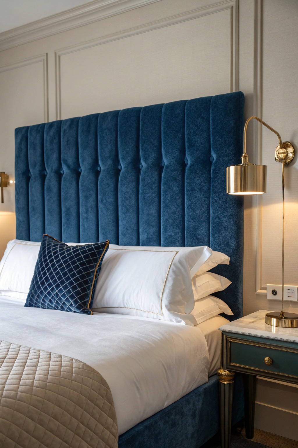 A blue velvet headboard adds sophistication and comfort to any bedroom.