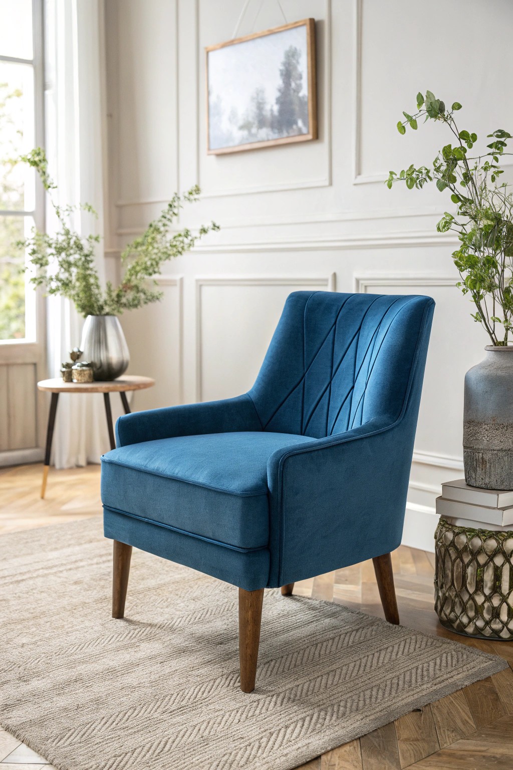 Make a statement with a bold blue accent chair—where style meets simplicity.