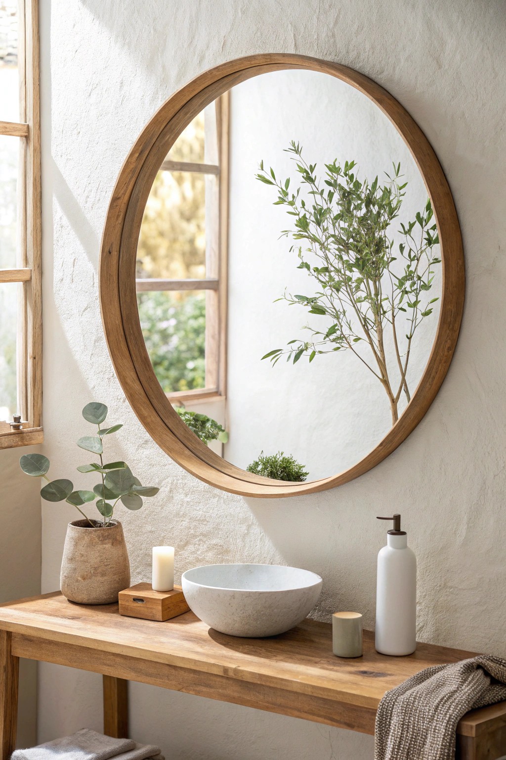 A statement mirror instantly brightens and expands a small bathroom.
