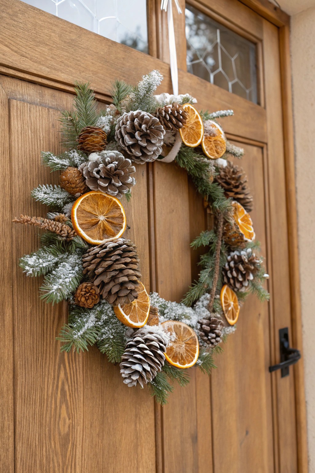 A pinecone and citrus wreath evokes the scents and textures of the season.