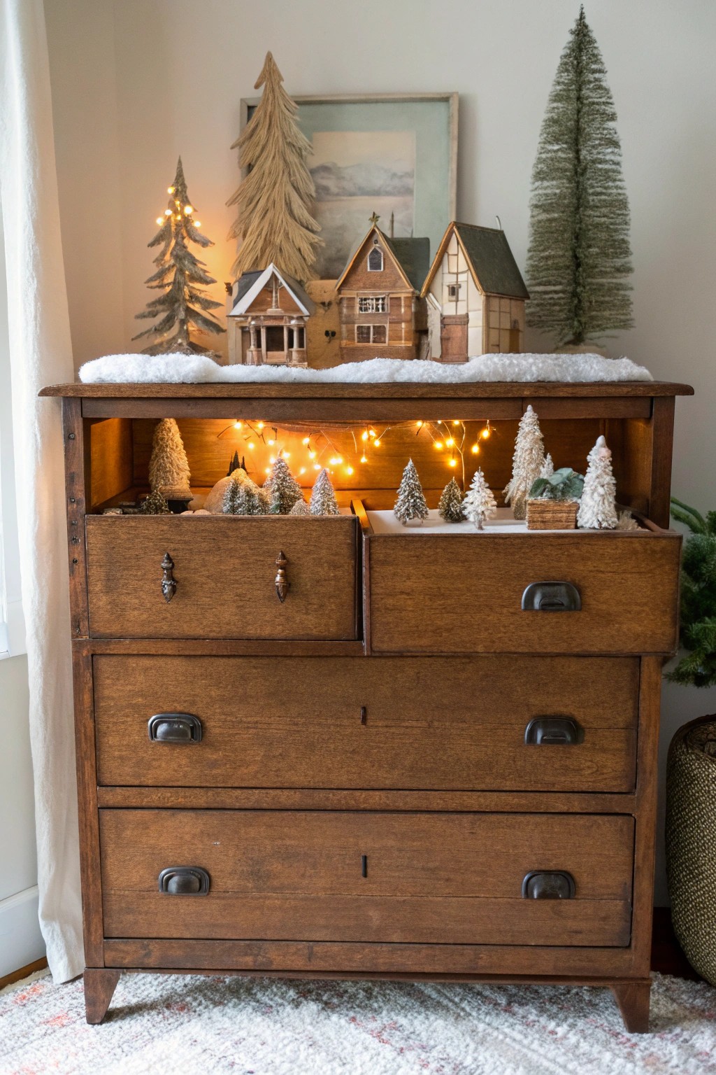 A vintage dresser transforms into a whimsical Christmas village—simple, charming, and full of holiday magic.