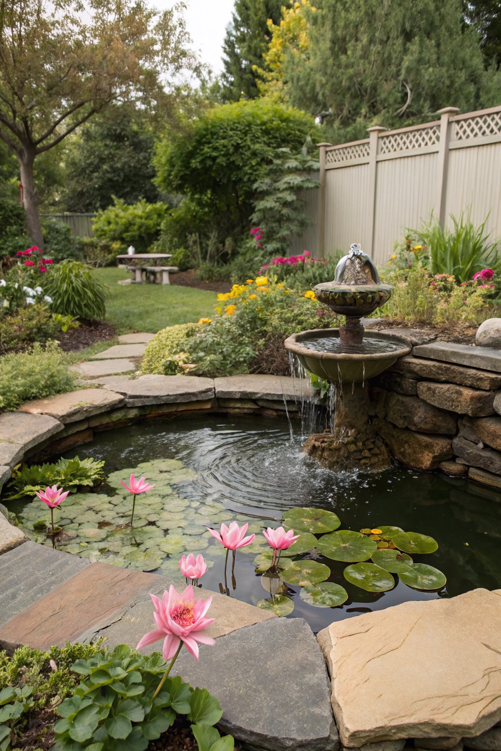 A peaceful water feature turns your backyard into a calming retreat.