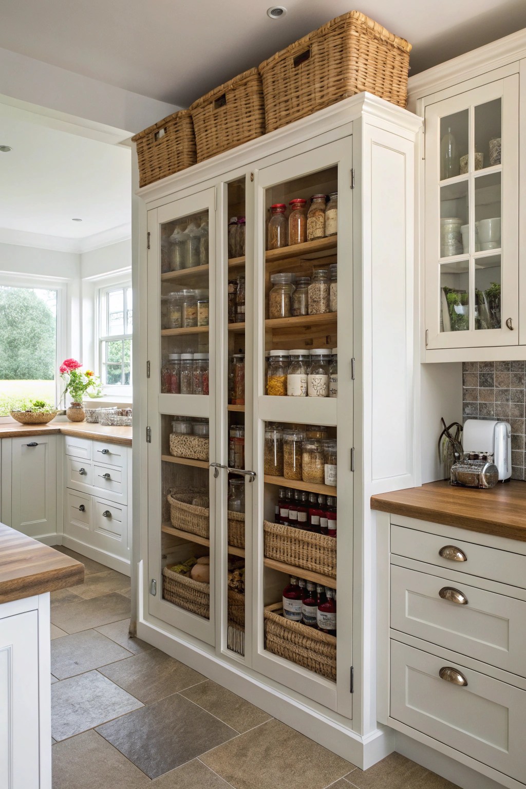 A tall pantry corner maximizes vertical storage and keeps essentials beautifully organized.