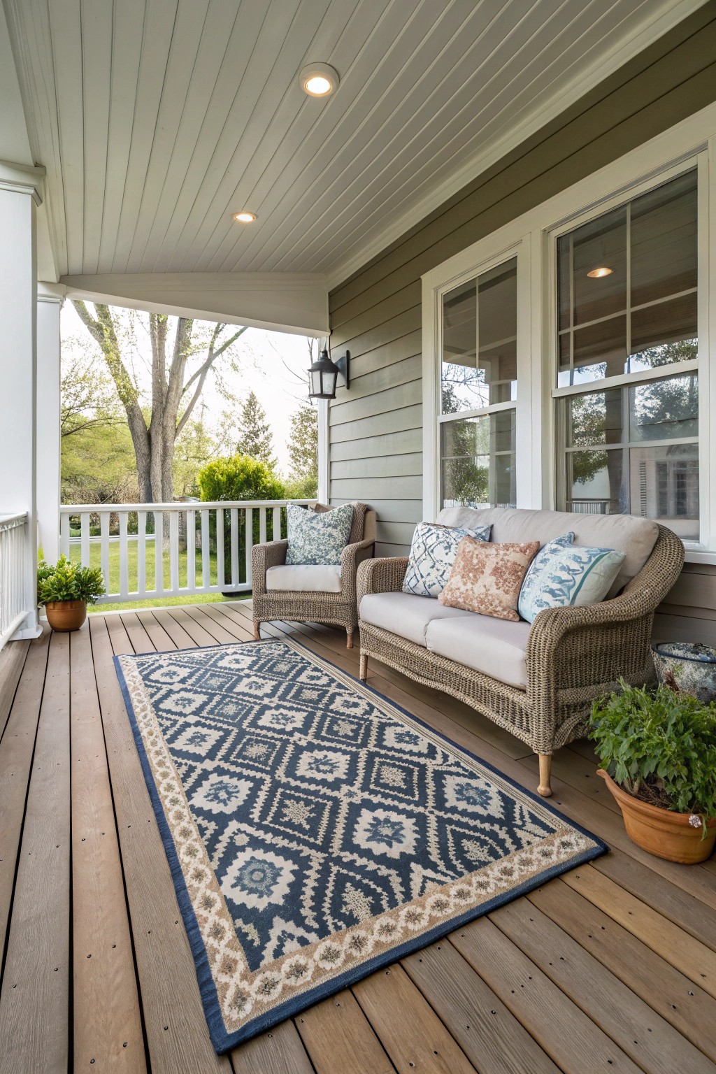 Outdoor rugs add style and comfort to your covered porch floor.
