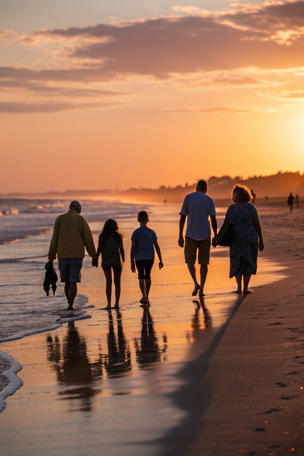 A large family enjoying a golden hour walk by the ocean.