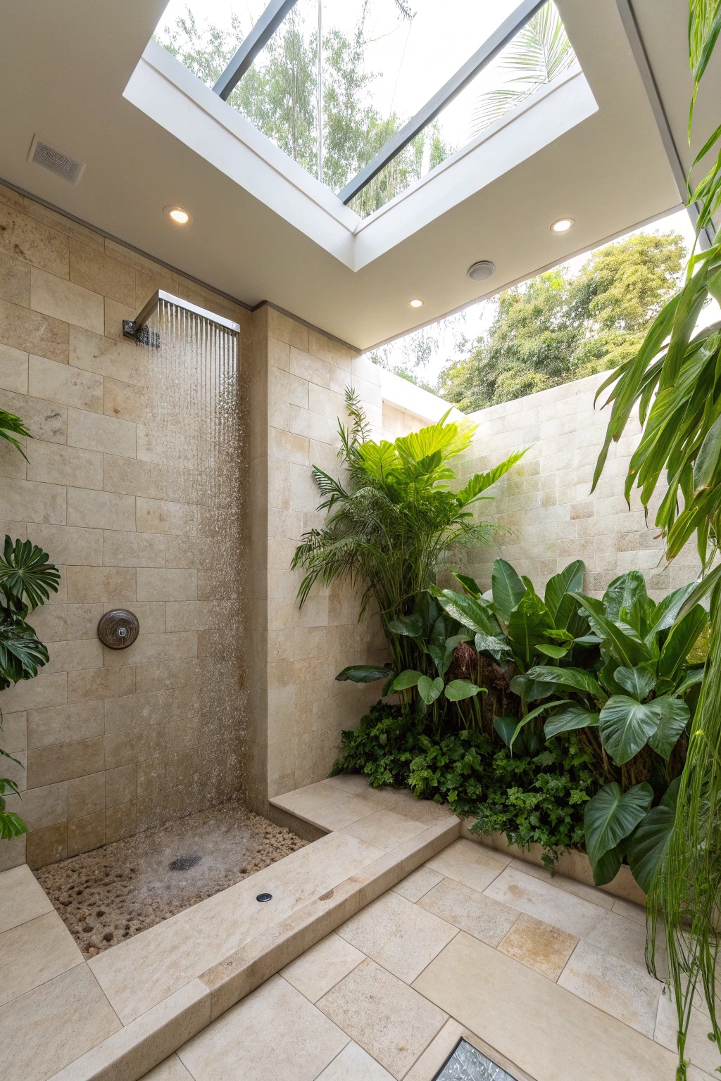 A skylight bathes this curbless shower in natural, uplifting light.