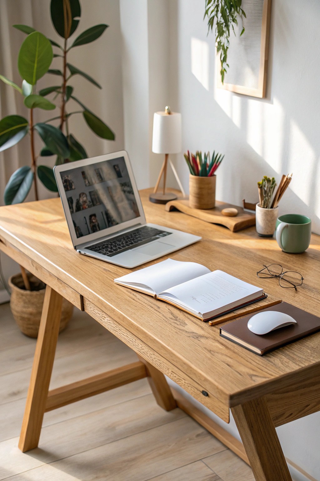 A serene L-shaped desk setup—where craftsmanship meets creativity and calm.
