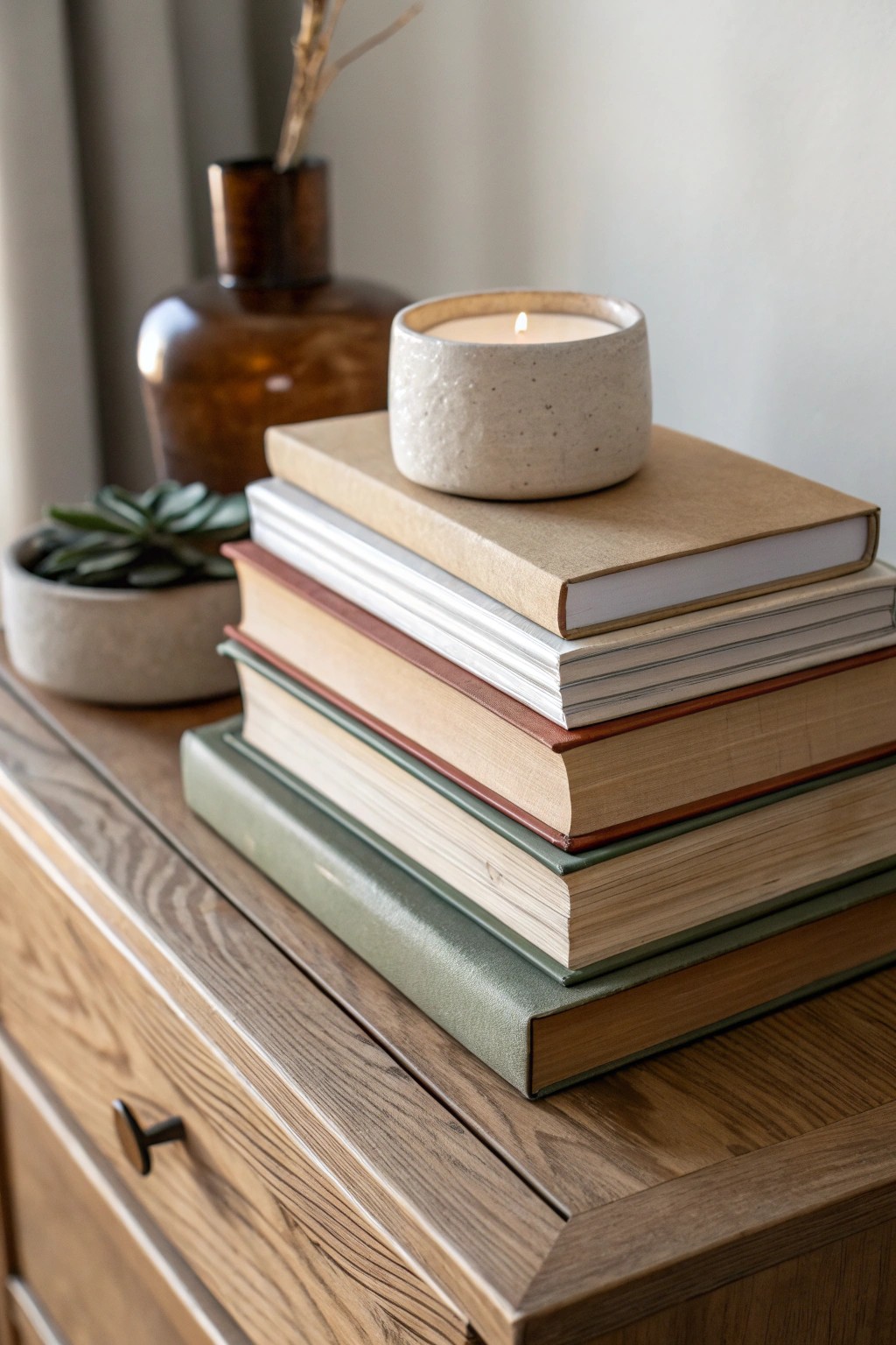 Elevate your dresser decor with artfully stacked books and a touch of handmade charm.