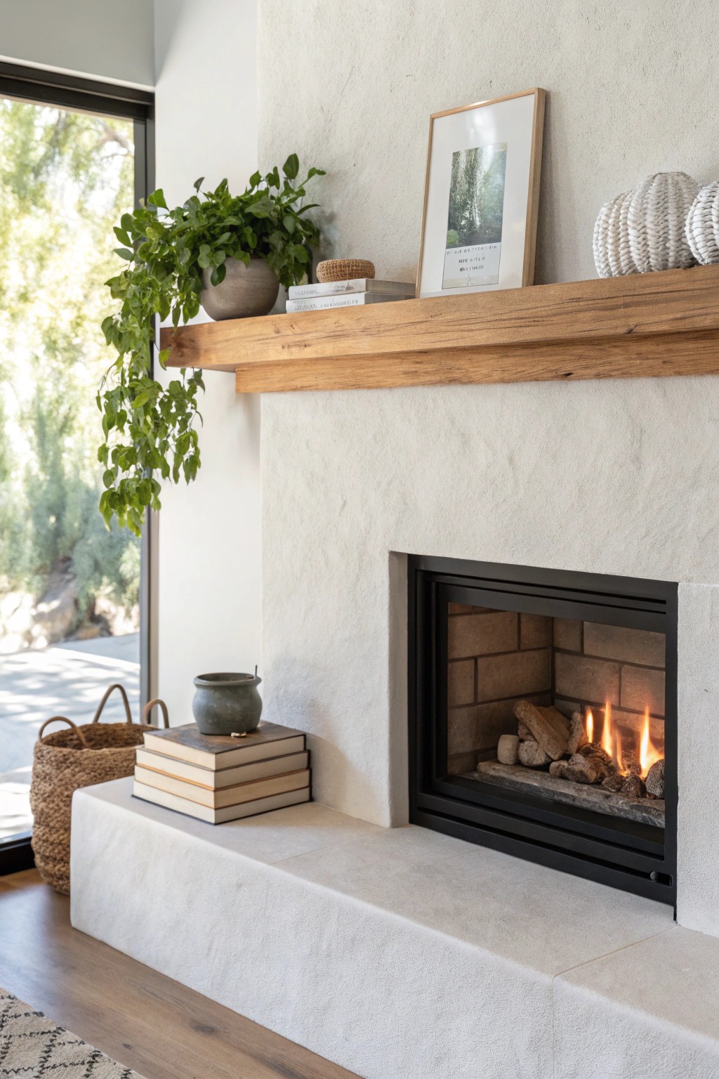 Effortless style: a floating shelf brings warmth and personality to your electric fireplace wall.