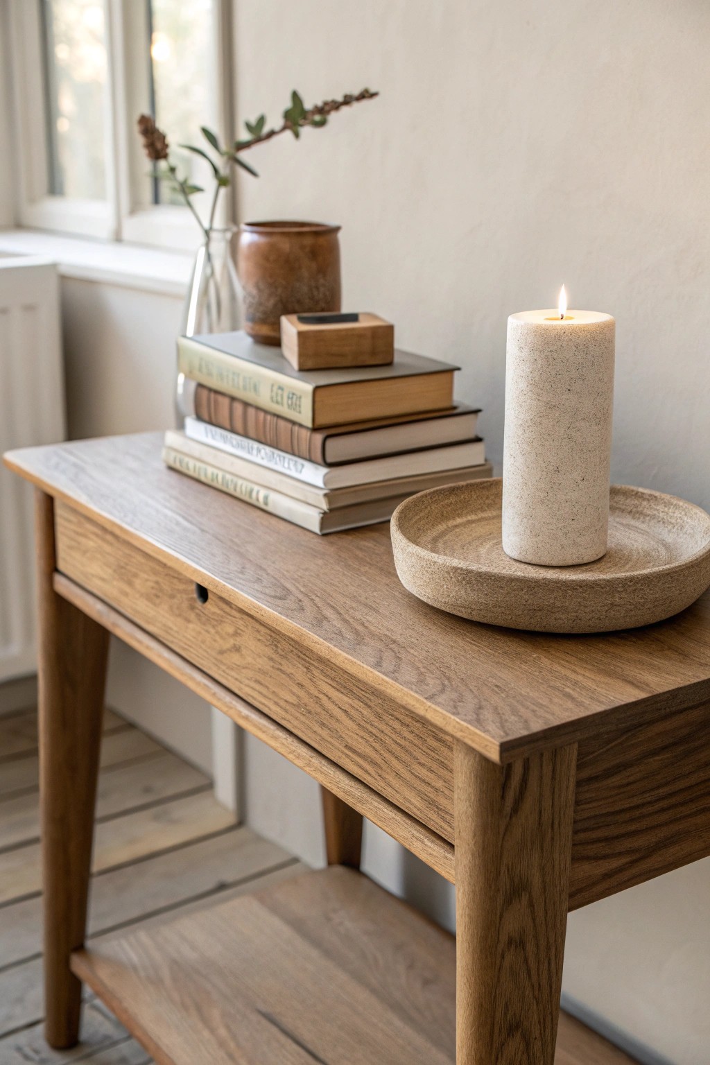 Elevate your entryway with a curated stack of books and a handcrafted candle for a touch of personal charm.