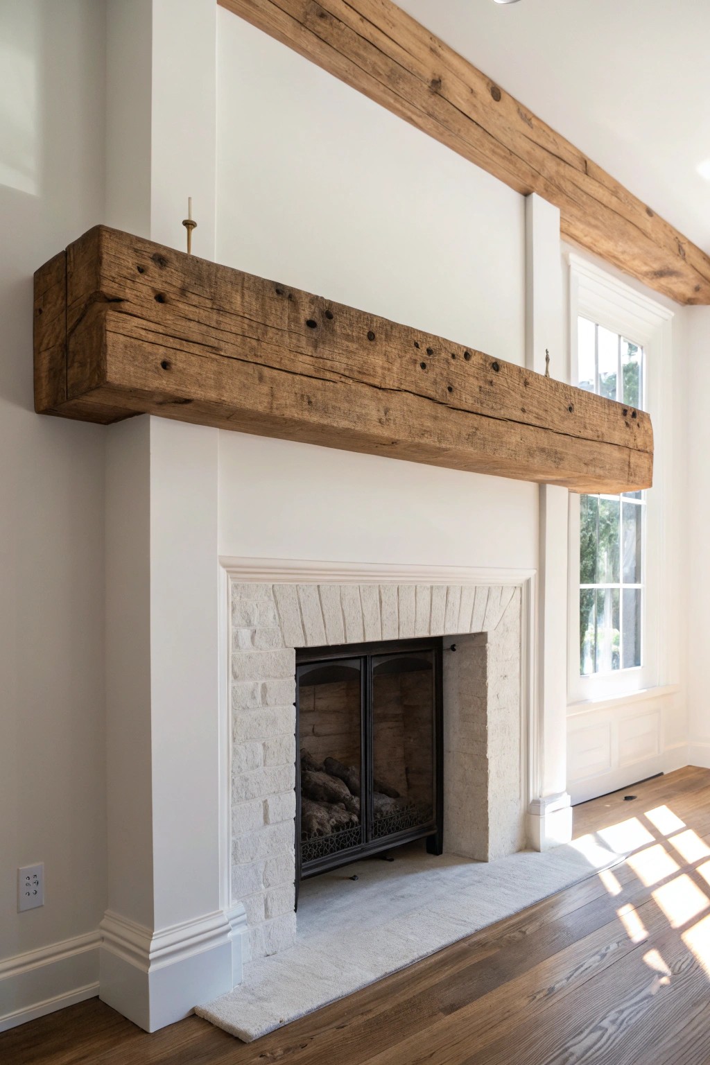 Elevate your fireplace with the timeless charm of a handcrafted wooden beam mantel.