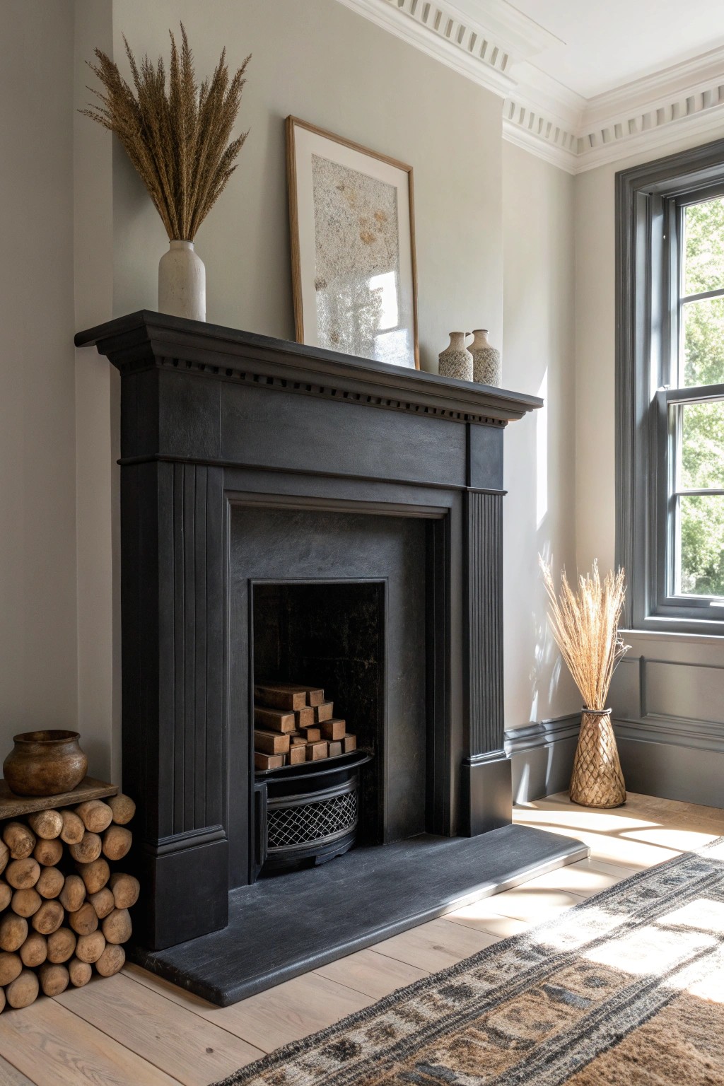 Deep charcoal fireplace surround: dramatic simplicity meets artisan beauty.
