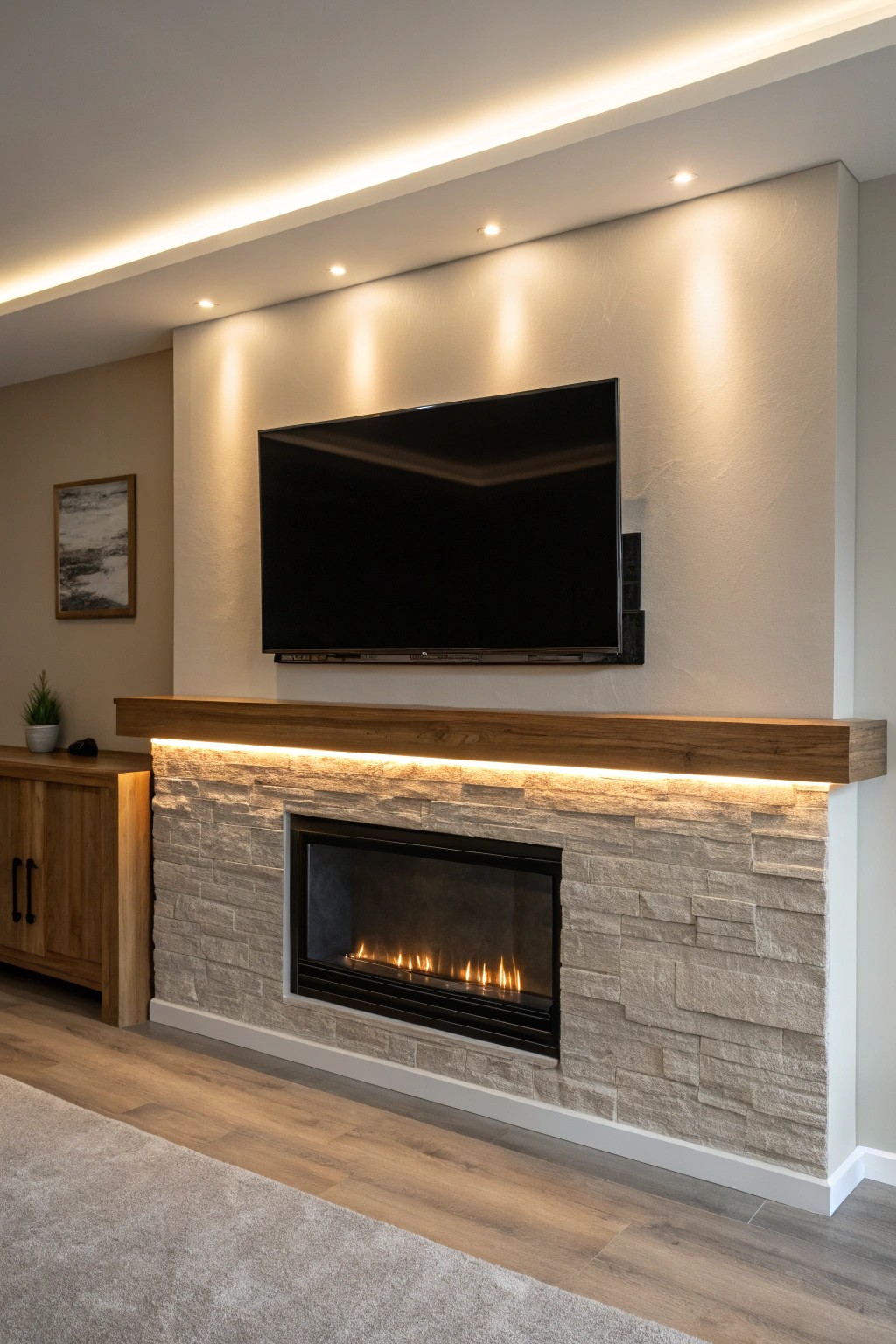 Cozy up—LED accent lighting transforms your fireplace wall into an inviting, cinematic centerpiece.