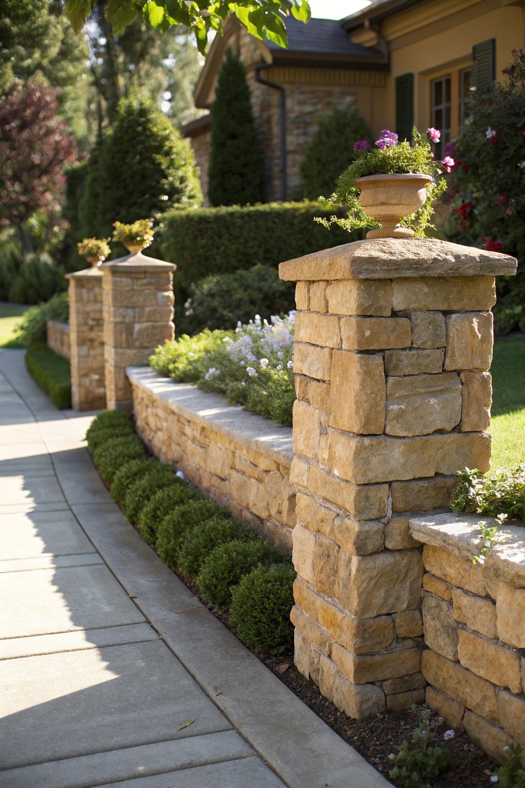 Charming low stone wall with sturdy pillars—where timeless craftsmanship meets natural beauty.