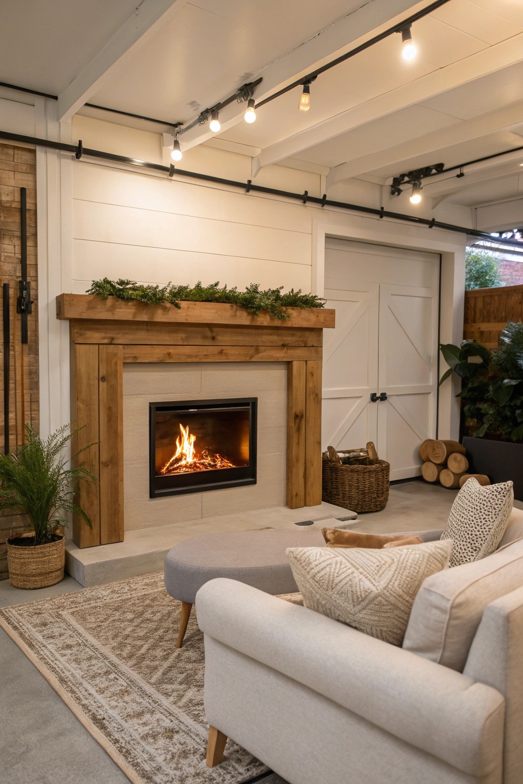 A cozy family lounge: warmth, comfort, and natural beauty in a transformed garage.