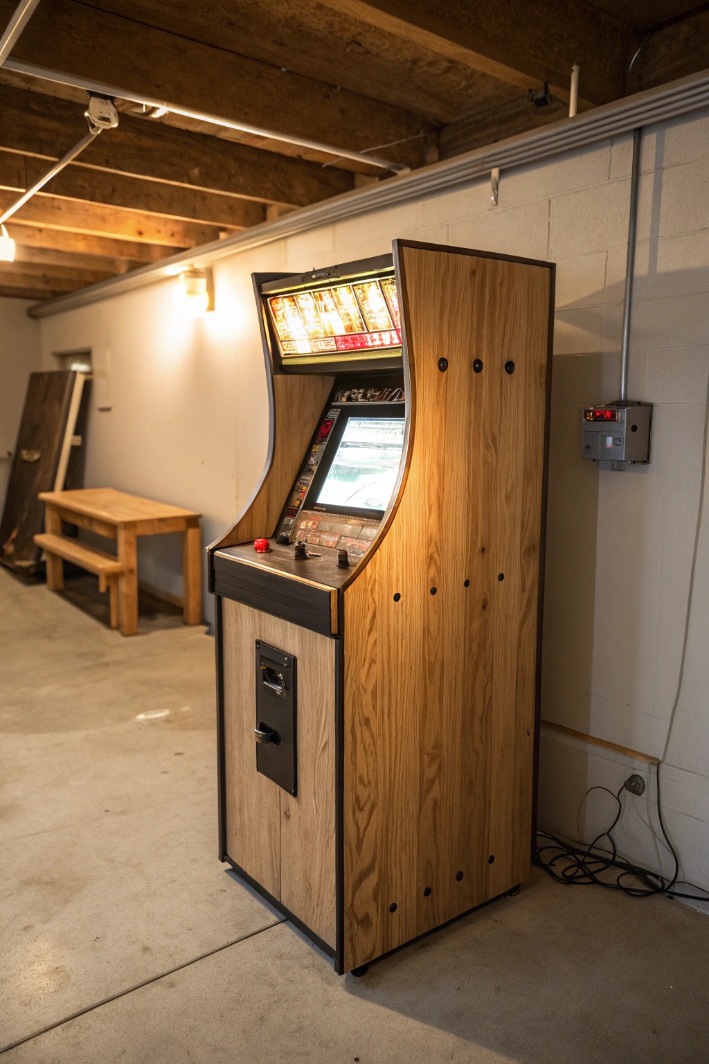 A retro arcade machine brings timeless fun and handcrafted charm to your garage man cave.